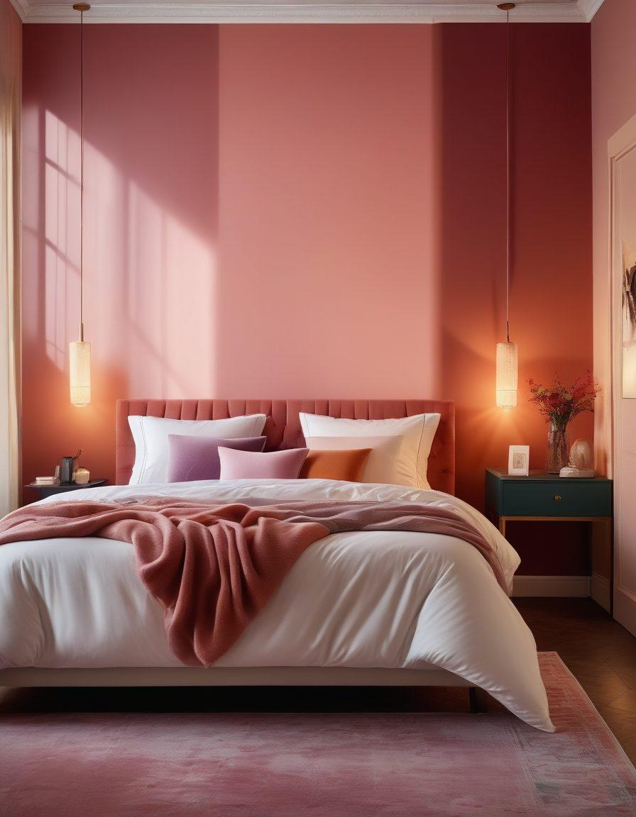A beautifully arranged bedroom scene with soft lighting, featuring two silhouettes playfully intertwined, surrounded by an array of intimate accessories like candles and plush fabrics. The atmosphere exudes warmth, passion, and comfort, inviting viewers to explore intimacy and connection. subtle hints of color gradients in the background for depth and allure. elegant and sensual. vibrant colors. soft focus.