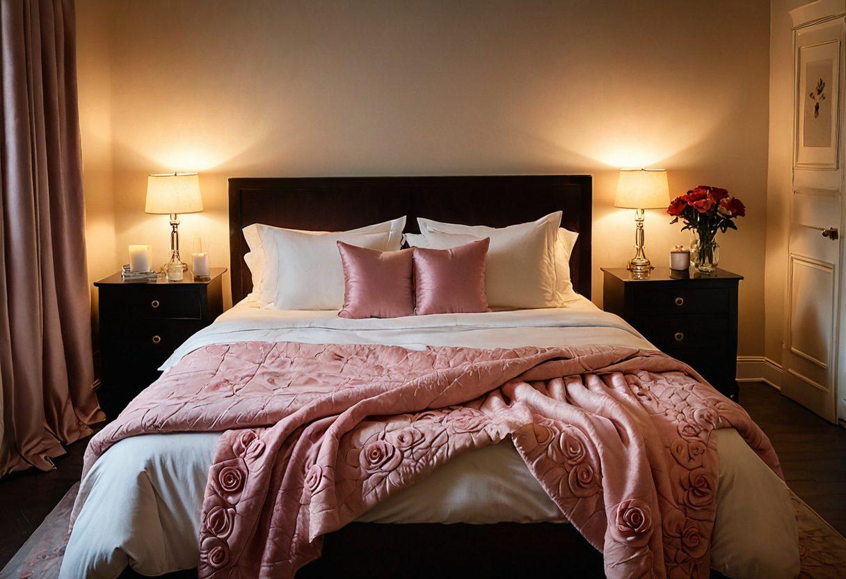 An intimate and cozy bedroom setting, featuring soft lighting, luxurious textiles, and a hint of sensuality in the air. Include symbolic elements like roses, candles, and playful silhouettes to represent romantic intimacy. The atmosphere conveys warmth and discovery, inviting the viewer to explore deeper connections. Elegant and tasteful composition. super-realistic. warm colors. soft focus.