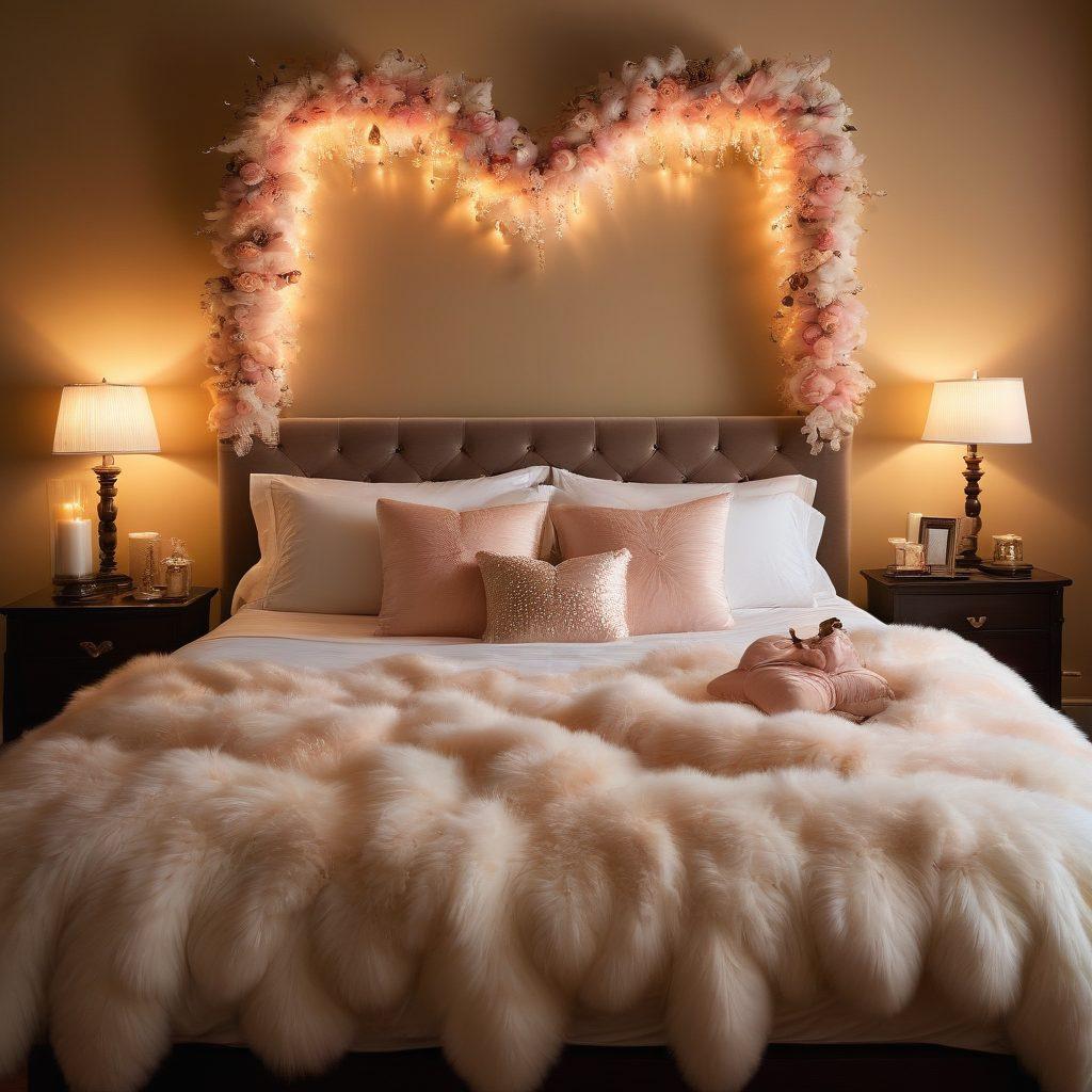 A cozy, intimate setting featuring a softly lit bedroom with plush pillows and a delicate silk sheet. Add subtle hints of playful items like feather boas and heart-shaped decorations, symbolizing both fetishes and romance. Include warm colors that evoke passion and a sense of wellness, with a couple sharing a tender moment, surrounded by flickering candles. Emphasize a balance of sensuality and comfort in the atmosphere. super-realistic. warm tones. soft lighting.